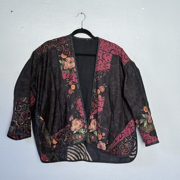Patchwork Reversible Jacket Large Black Mauve Art to Wear Open Kimono Boho - Picture 3 of 10